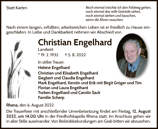 Traueranzeige von Christian Engelhard von WLZ