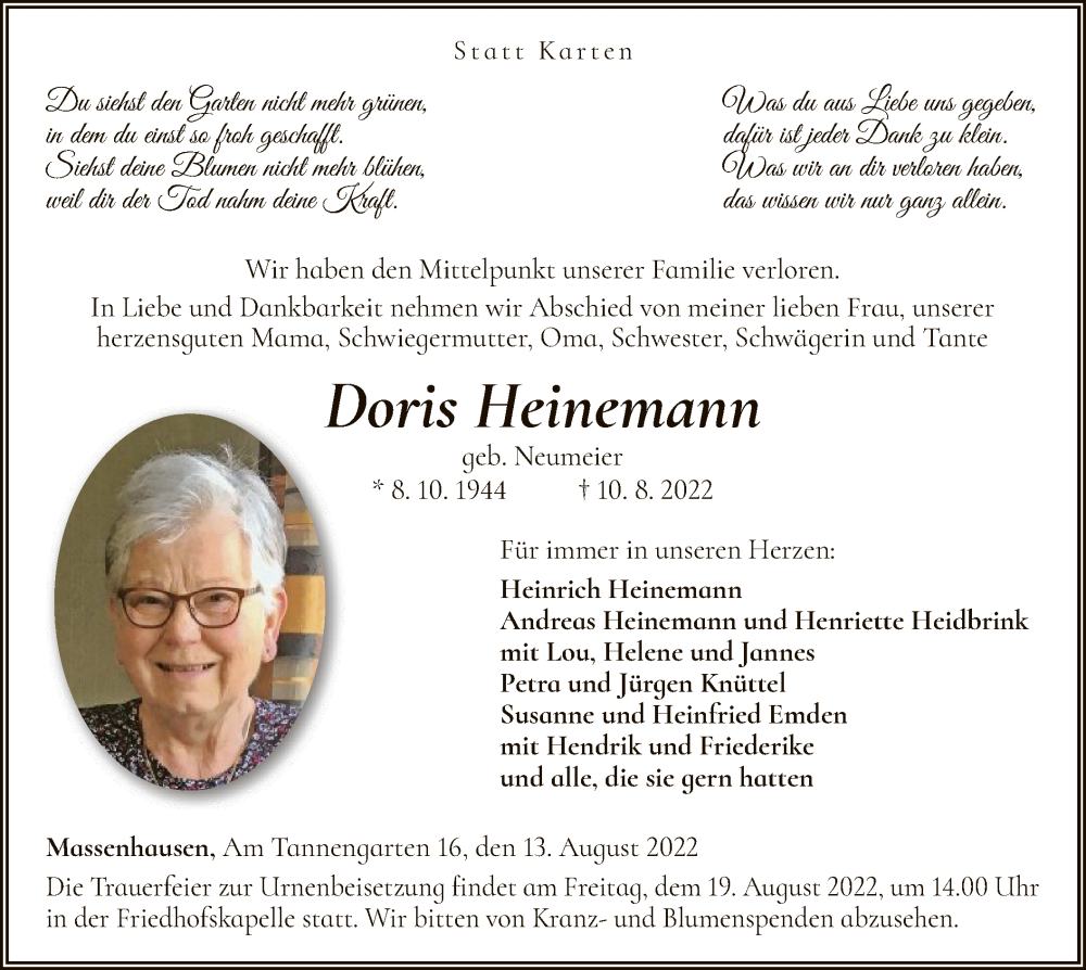  Traueranzeige für Doris Heinemann vom 13.08.2022 aus WLZ