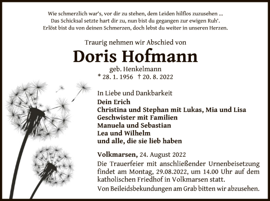 Traueranzeige von Doris Hofmann von WLZ