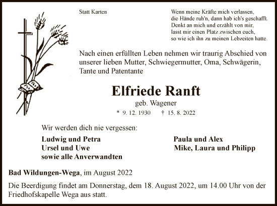 Traueranzeige von Elfriede Ranft von WLZ