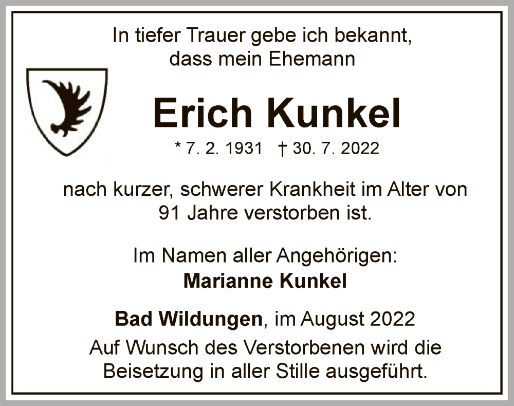 Traueranzeige für Erich Kunkel vom 06.08.2022 aus WLZ