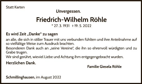Traueranzeige von Friedrich-Wilhelm Röhle von WLZ