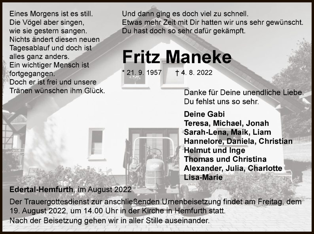  Traueranzeige für Fritz Maneke vom 13.08.2022 aus WLZ