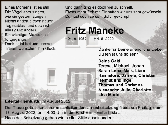 Traueranzeige von Fritz Maneke von WLZ