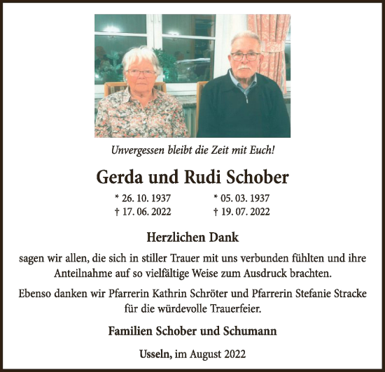 Traueranzeige von Gerda und Rudi Schober von WLZ