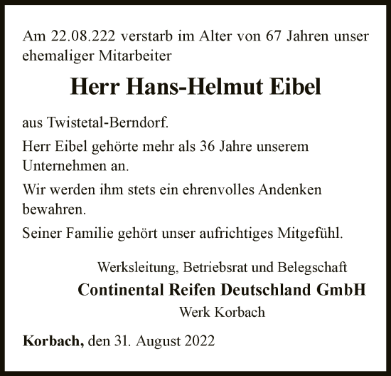 Traueranzeige von Hans-Helmut Eibel von WLZ