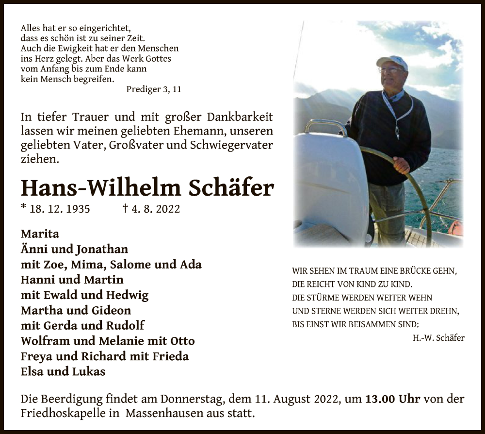  Traueranzeige für Hans-Wilhelm Schäfer vom 09.08.2022 aus WLZ