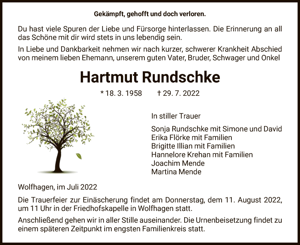  Traueranzeige für Hartmut Rundschke vom 06.08.2022 aus HNA