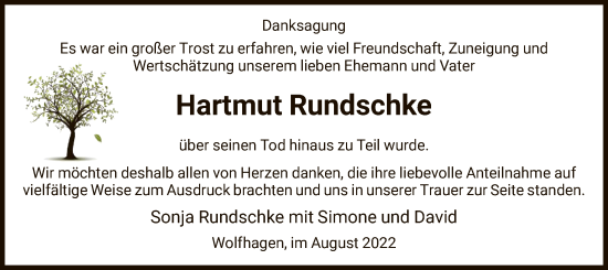 Traueranzeige von Hartmut Rundschke von HNA