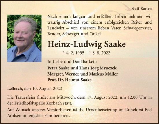 Traueranzeige von Heinz-Ludwig Saake von WLZ