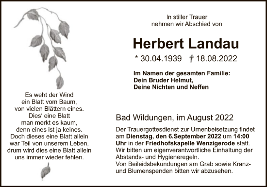 Traueranzeige von Herbert Landau von WLZ