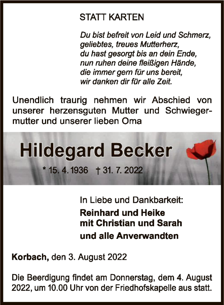  Traueranzeige für Hildegard Becker vom 03.08.2022 aus WLZ
