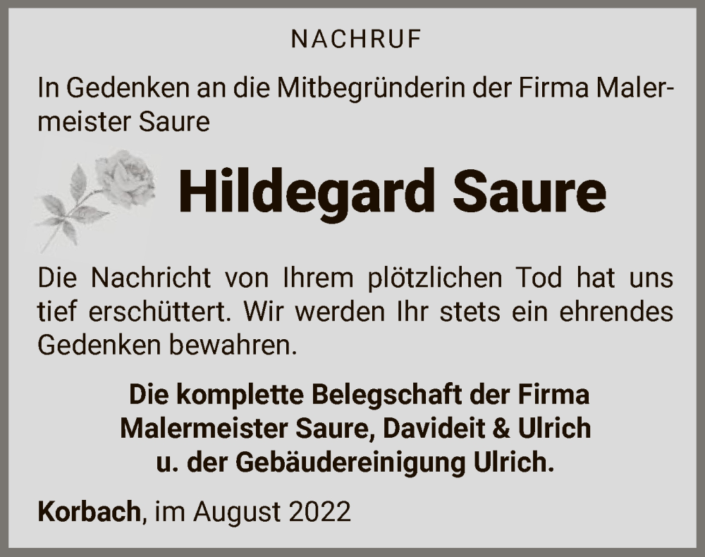  Traueranzeige für Hildegard Saure vom 12.08.2022 aus WLZ