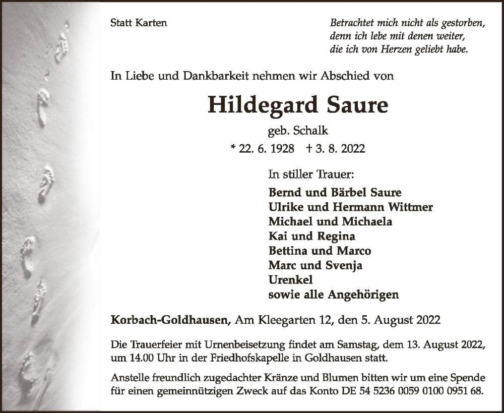  Traueranzeige für Hildegard Saure vom 05.08.2022 aus WLZ