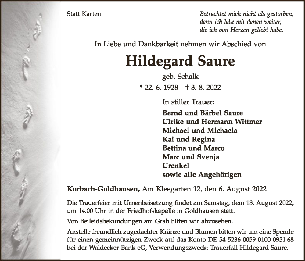  Traueranzeige für Hildegard Saure vom 06.08.2022 aus WLZ