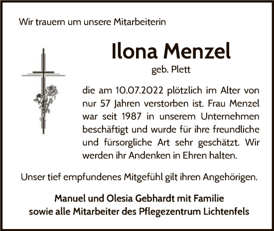 Traueranzeige von Ilona Menzel von WLZ