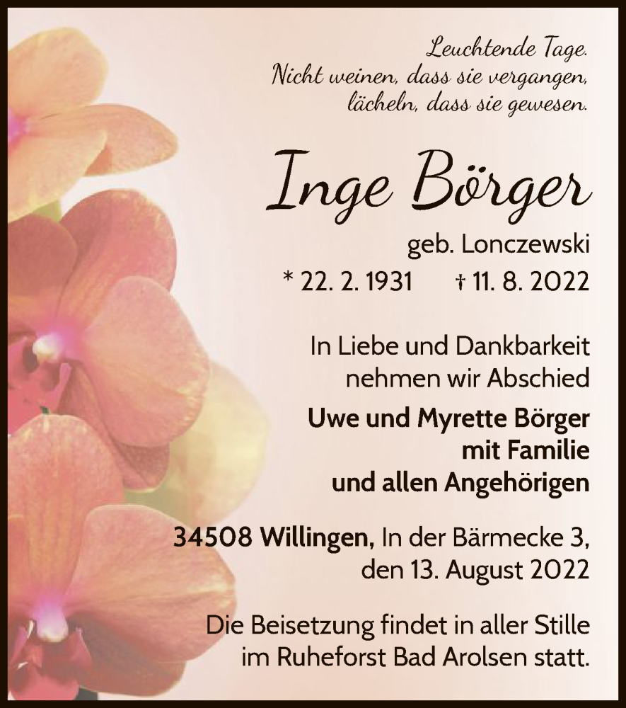  Traueranzeige für Inge Börger vom 13.08.2022 aus WLZ