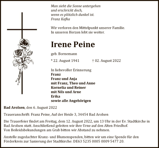 Traueranzeige von Irene Peine von WLZ