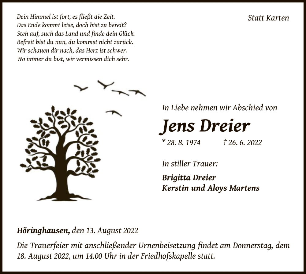  Traueranzeige für Jens Dreier vom 13.08.2022 aus WLZ