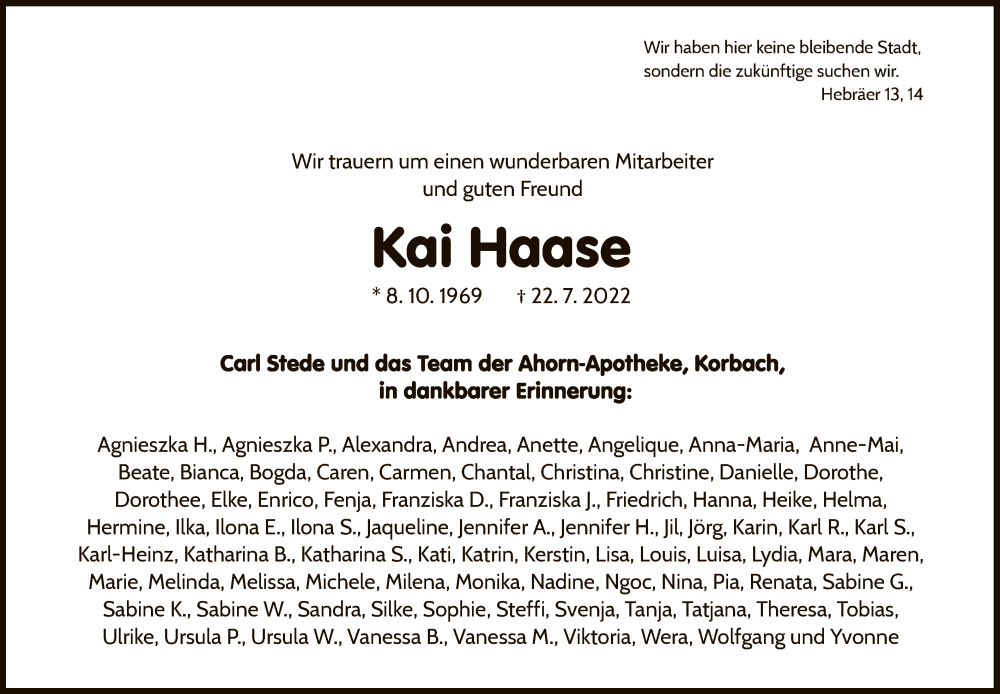  Traueranzeige für Kai Haase vom 06.08.2022 aus WLZ