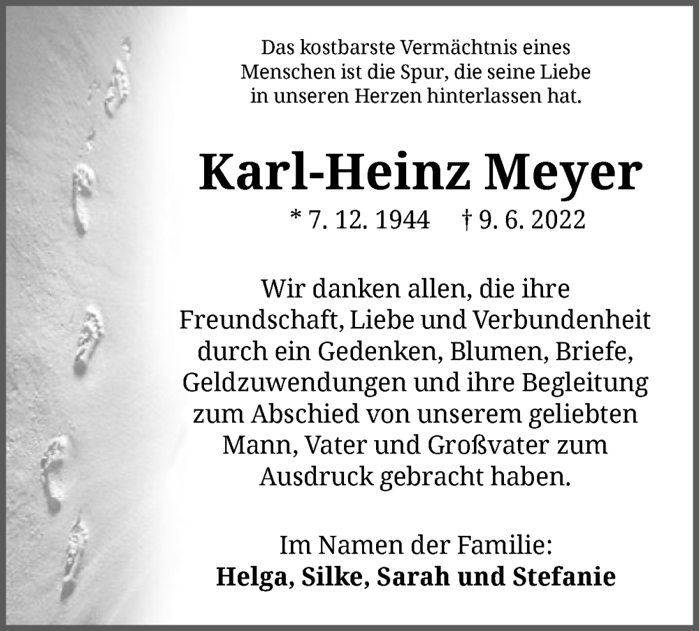  Traueranzeige für Karl-Heinz Meyer vom 06.08.2022 aus WLZ