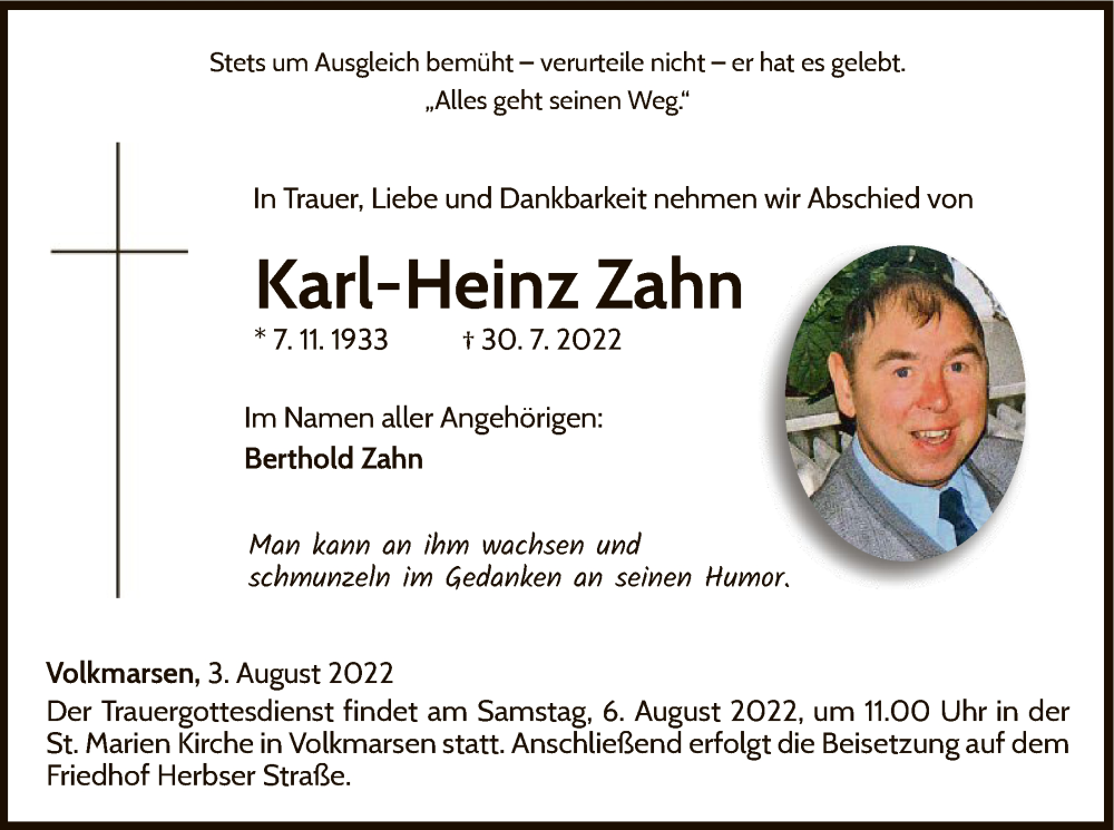  Traueranzeige für Karl-Heinz Zahn vom 03.08.2022 aus WLZ