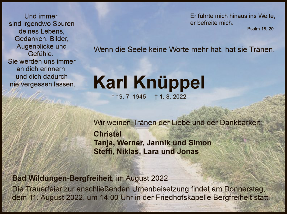  Traueranzeige für Karl Knüppel vom 06.08.2022 aus WLZ