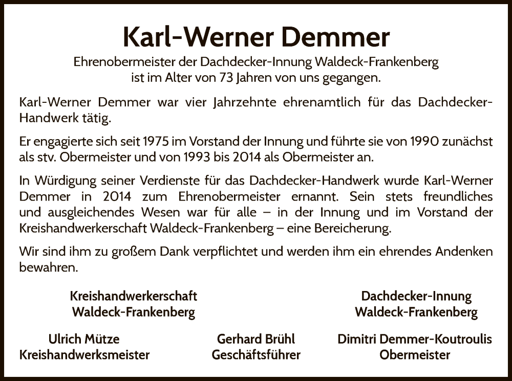  Traueranzeige für Karl-Werner Demmer vom 06.08.2022 aus WLZ