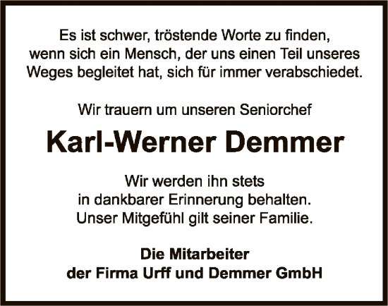 Traueranzeige von Karl-Werner Demmer von WLZ