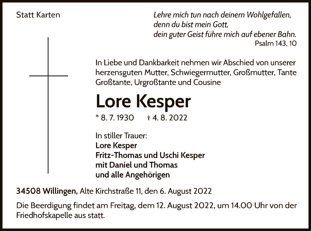  Traueranzeige für Lore Kesper vom 06.08.2022 aus WLZ