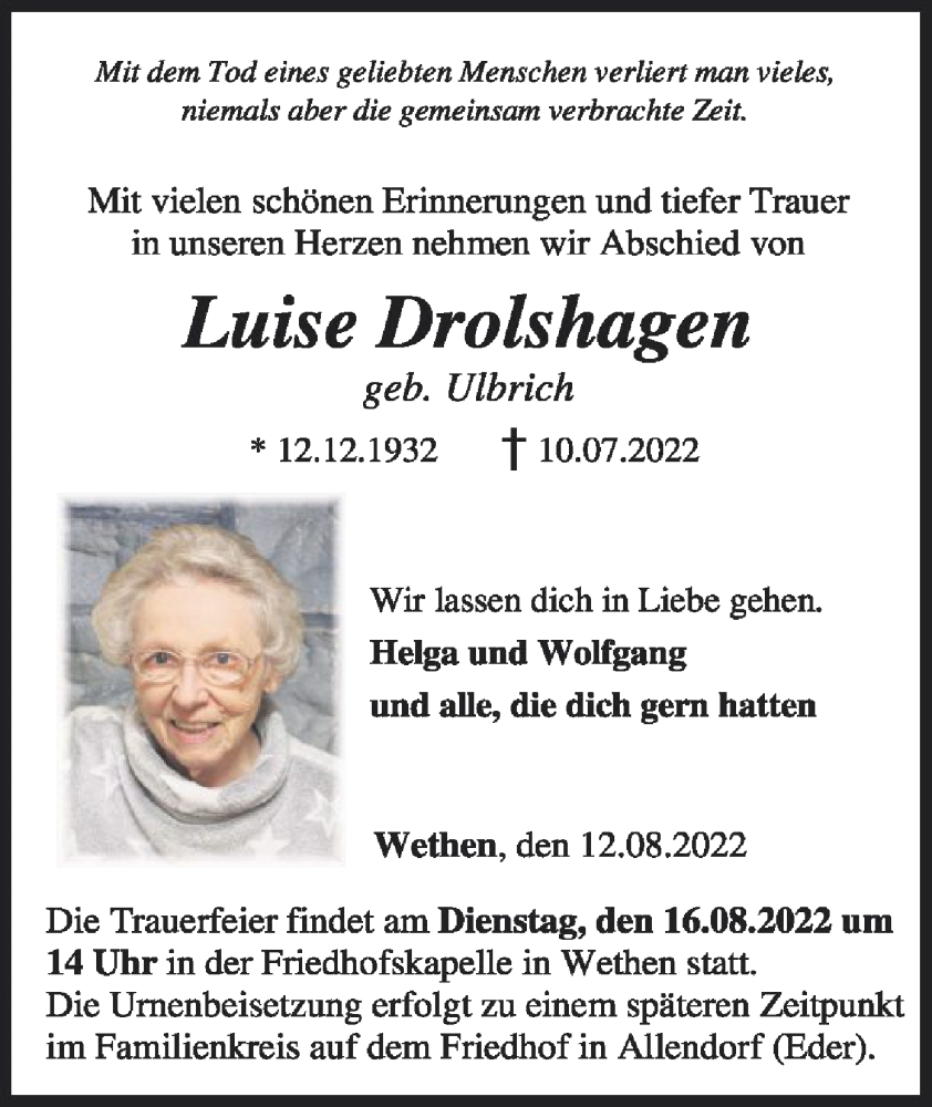  Traueranzeige für Luise Drolshagen vom 12.08.2022 aus WLZ