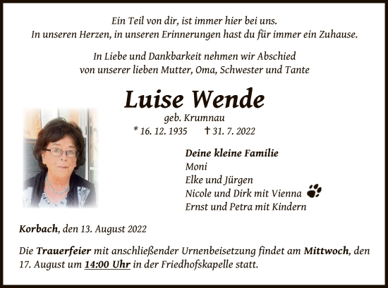 Traueranzeige von Luise Wende von WLZ