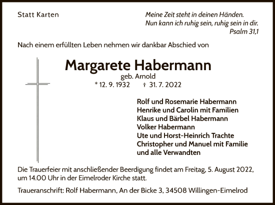 Traueranzeige von Margarete Habermann von WLZ