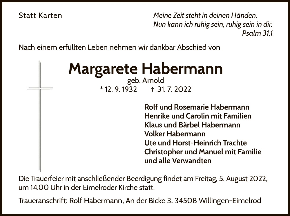  Traueranzeige für Margarete Habermann vom 02.08.2022 aus WLZ