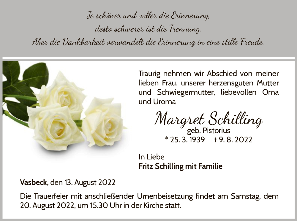  Traueranzeige für Margret Schilling vom 13.08.2022 aus WLZ