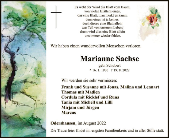 Traueranzeige von Marianne Sachse von WLZ