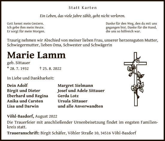 Traueranzeige von Marie Lamm von WLZ