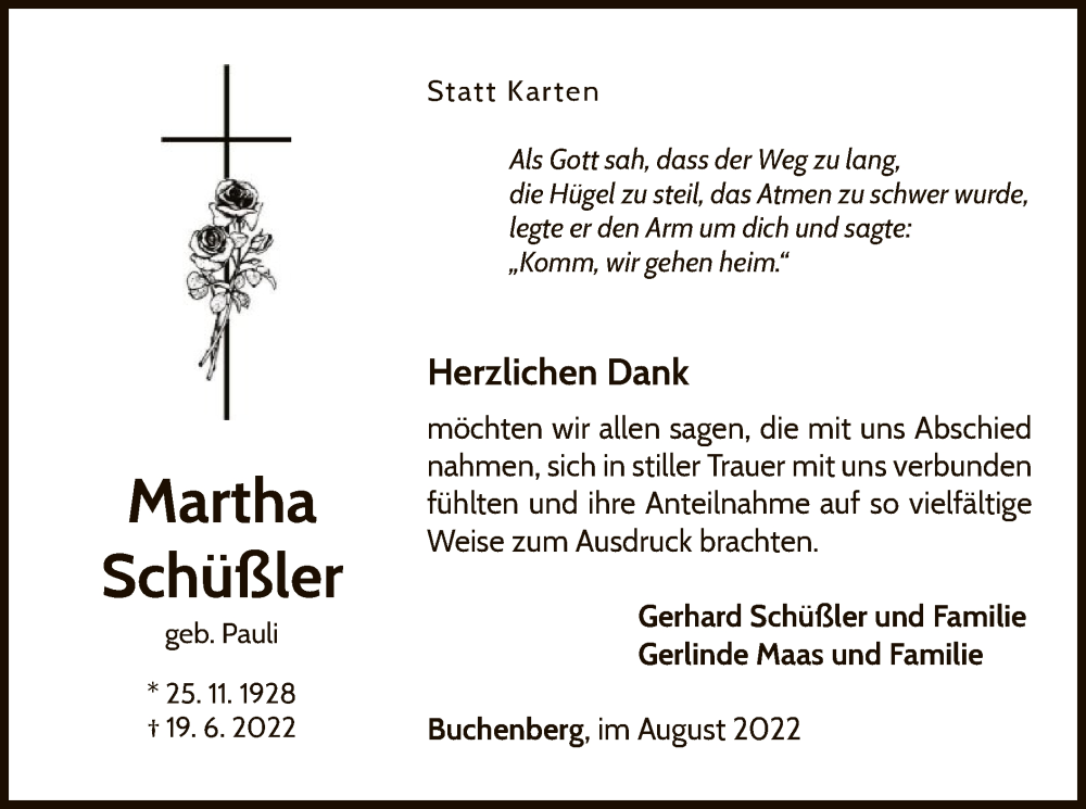  Traueranzeige für Martha Schüßler vom 06.08.2022 aus WLZ