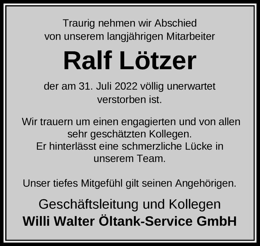  Traueranzeige für Ralf Lötzer vom 06.08.2022 aus HNA