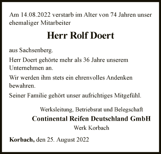 Traueranzeige von Rolf Doert von WLZ