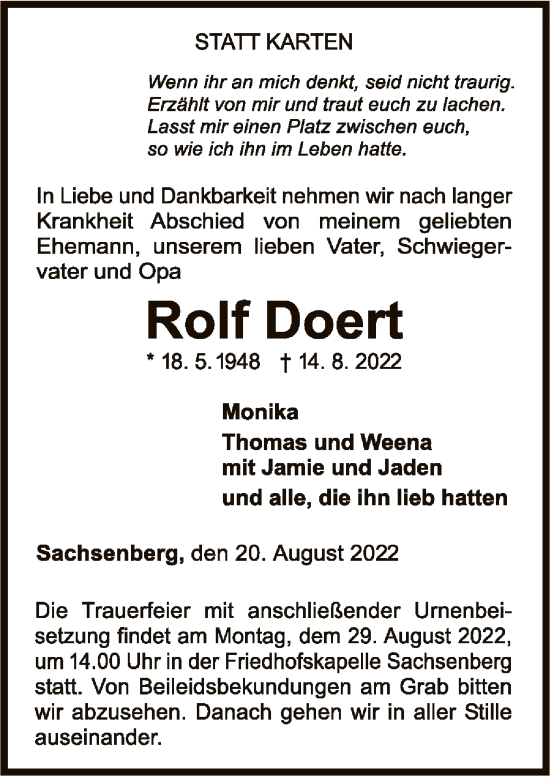 Traueranzeige von Rolf Doert von WLZ