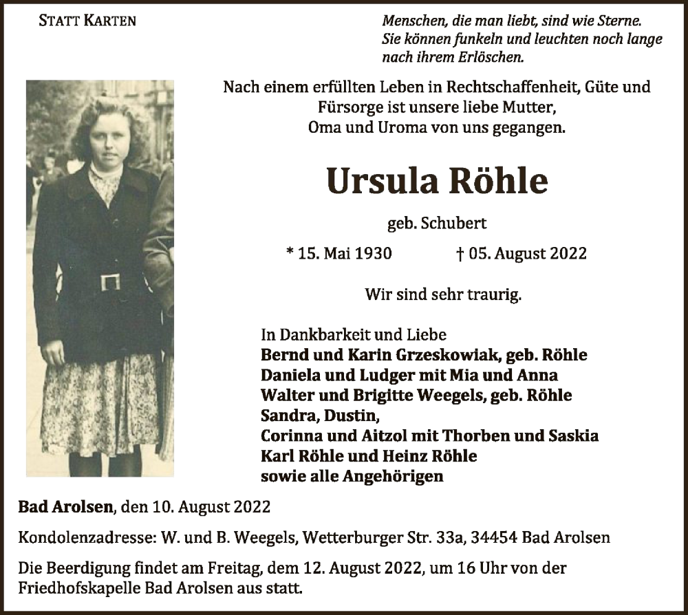  Traueranzeige für Ursula Röhle vom 10.08.2022 aus WLZ