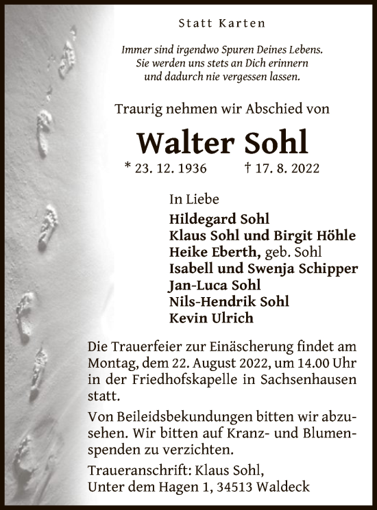 Traueranzeige von Walter Sohl von WLZ