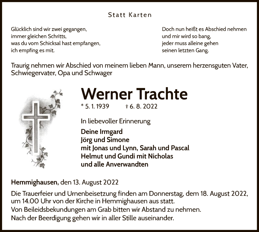  Traueranzeige für Werner Trachte vom 13.08.2022 aus WLZ