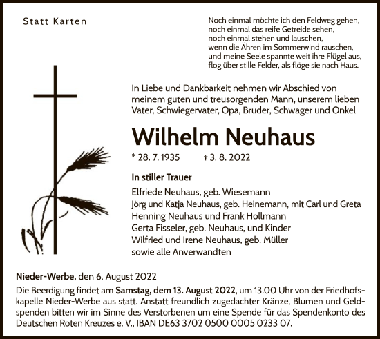 Traueranzeige von Wilhelm Neuhaus von WLZ