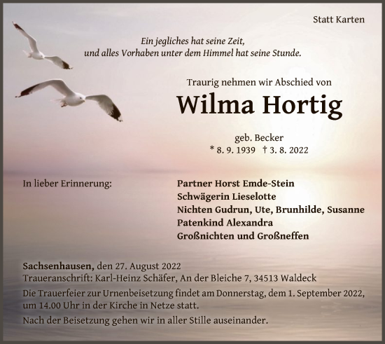 Traueranzeige von Wilma Hortig von WLZ