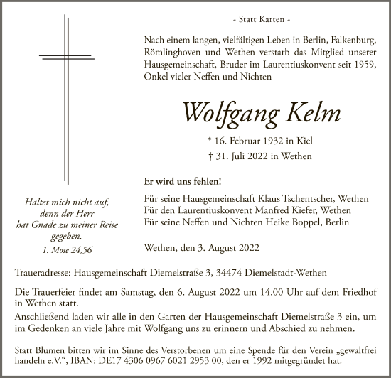 Traueranzeige von Wolfgang Kelm von WLZ