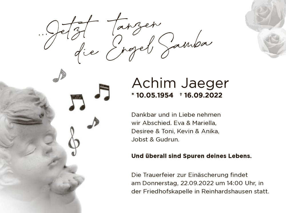  Traueranzeige für Achim Jaeger vom 21.09.2022 aus WLZ