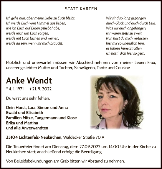 Traueranzeige von Anke Wendt von WLZ