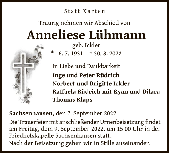 Traueranzeige von Anneliese Lühmann von WLZ